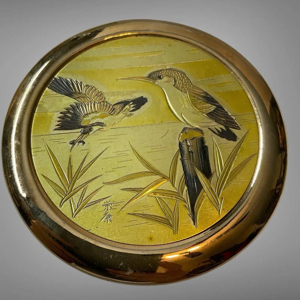 Art of Chokin 24k Gold Trim Porcelain Keepsake Trinket Box Fish Bird Japan Vtg‎